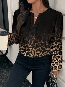 EMERY ROSE 大码优雅浪漫休闲简约风深黑色渐变豹纹印花长款灯笼袖女式衬衫，适合秋冬季节，复古简约，百搭，女士新年春季时尚单品 - 彩色 - 查看 3