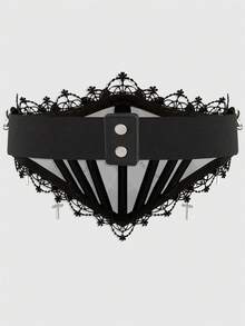 ROMWE Grunge Punk 1件装女士黑色网纱蕾丝水钻吊坠系带装饰弹力腰带束身衣连衣裙配饰，哥特风格万圣节服装 - 黑色鏈條十字架腰封 - 查看 3