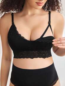 BloomMama 1件黑色法式蕾丝拼接哺乳吊带孕妇内衣 - 黑色 - 查看 7