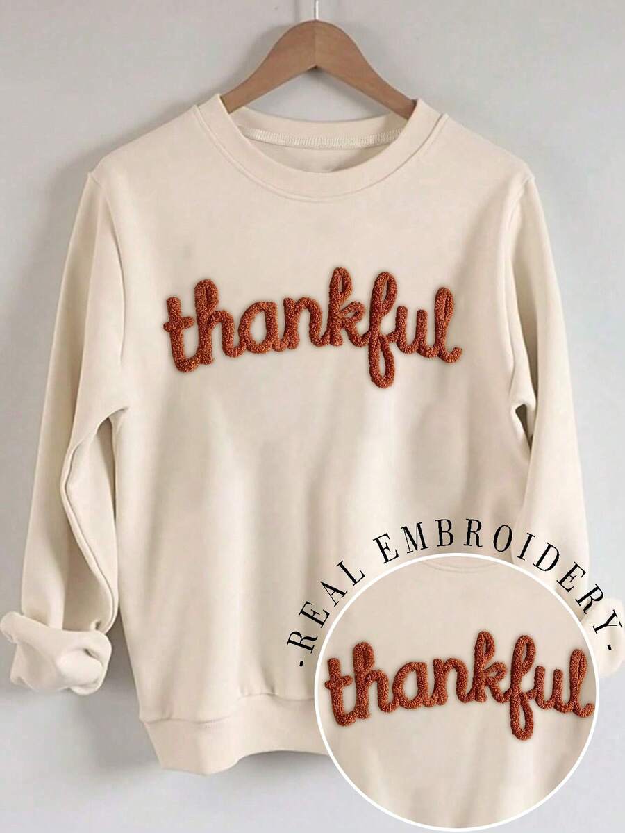 INAWLY Autumn Thanksgiving Thankful Embroidery Drop Shoulder Casual Sweatshirt, Thanksgiving Embroidery Sportwear, Thanksgiving Chenille Yarn Sportwear, Customized Christian Gift Autumn Sweatshirt, Fashionable Autumn Sweatshirt Gift - Apricot - View 1