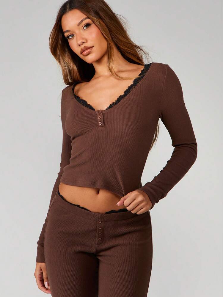 MISSGUIDED Ribbed Long Sleeve V-Neck Tee With Black Lace Trim Button Front Detail Cropped Henley Top