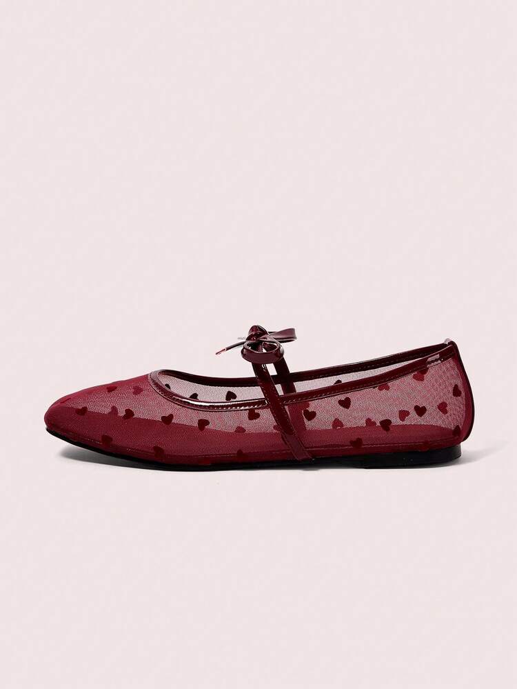 CUCCOO DOLLMOD Women's Fashionable & Elegant Heart Mesh Bow Decor Flats, Suitable For Commuting For Christmas Spring Shoes