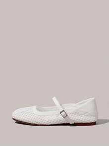 Styleloop Women's Round Toe Flat Woven Mesh Fabric Sandals, Fashionable Minimalist Elegant Vacation Flat Shoes, Bohemian Style For Music Festival, Party Outfit - White - View 2