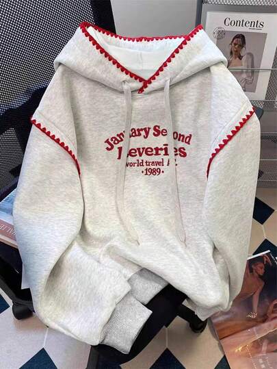 INAWLY 女士时尚休闲简约浪漫日常百搭撞色字母连帽衫套头衫秋季