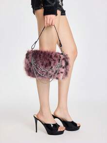 ROMWE Grunge Punk 1pc Women's Burgundy Leopard Spotted Faux Fur Shoulder Bag With Chain, Fashionable For Autumn/Winter, New Arrival Fur Bag For Women - Burgundy - View 3