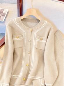 SHEIN Franclia 女士圆领单排扣开衫搭配针织裤，时尚休闲通勤套装，秋冬款 - 卡其色 - 查看 5