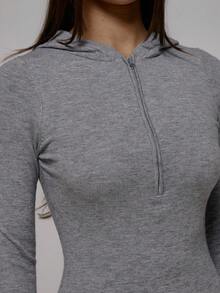 MUSERA 修身紧身针织连帽四分之一拉链长裙，秋冬街头风，酷女孩Y2K日常休闲复古风 - 灰色 - 查看 6