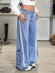 Jeanoix Blugi cargo cu talie joasă și dungi contrastante pentru femei Y2K - Spălare ușoară - Vizualizare 6