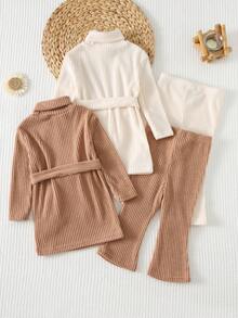 Cozy Pixies 4件套女婴针织柔软圆领长袖套头衫和高腰喇叭裤套装，加厚保暖内衬，适合冬季穿着 - 彩色 - 查看 3