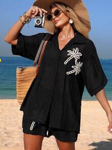 Swim Vcay 春夏新款优雅秋季单件编织纯色椰树图案装饰短裤，度假风女士泳装下装