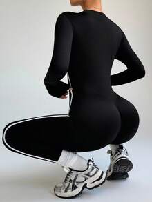 Dewbera Women's Zipper Ribbed Long Sleeve Jumpsuit Activewear Jumpsuit Gym Jumpsuit Compression Jumpsuit Sports Jumpsuit