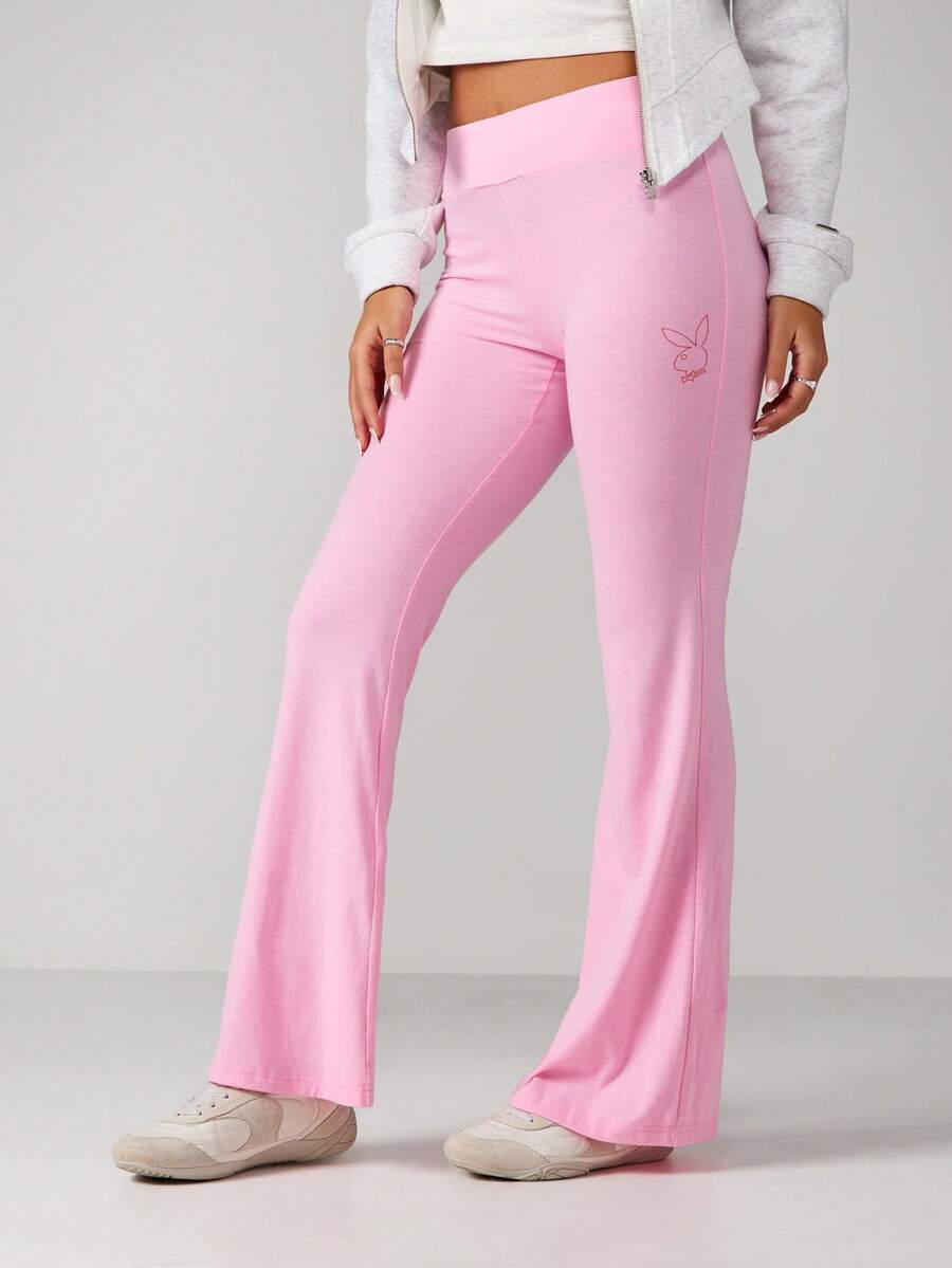 Missguided x Playboy High Rise Flare Leg Pants With Heart Print And Bunny Logo Detail Casual Wide Leg Trousers - Pink - View 1