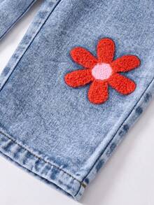 SHEIN Washed Denim Bib Pants For Baby Girls, Floral Print Loose Jumpsuit Toddler Jean With Flowers Baby Jeans Baby Flower Outfit - Blue - View 6