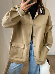 DAZY Chaqueta casual de mujer con parches de colores contrastantes, solapa, remaches de perla, ribete de encaje, corte holgado, para primavera/otoño - Caqui - Ver 5