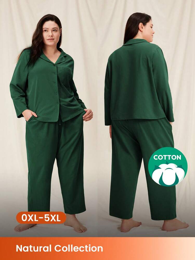 Plus Women Brushed Cotton Button-Up Long PJ Set