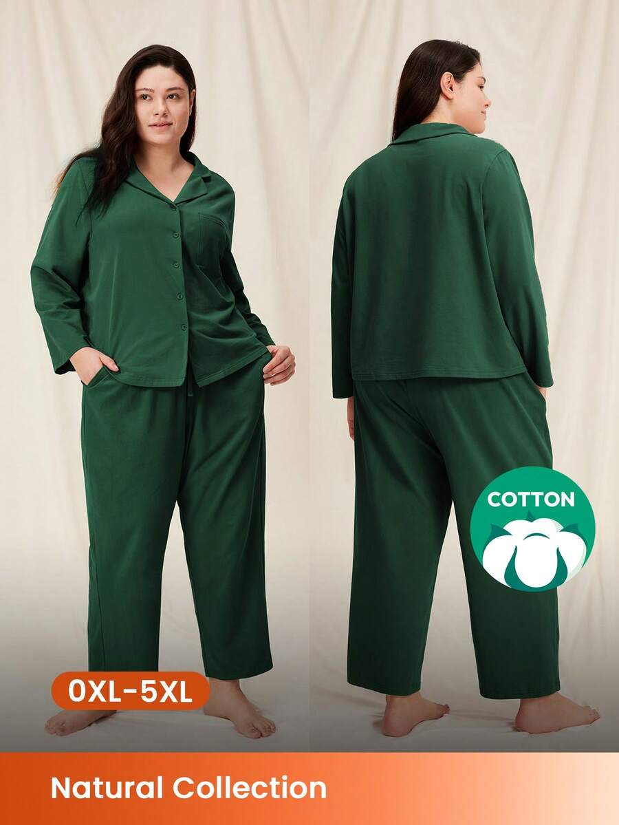 LUVLETTE Christmas & New Years Pajamas Plus Size Soft Brushed Cotton Basic PJ Set Women's Lounge Set Fall Pajamas - Green - View 1
