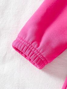 SHEIN Playful Pals 2pcs Young Girl Knitted Sweatshirt, Single-Sided Fleece Half-Zip Pullover Top, Casual Classic Versatile Light Gray 2-Piece Set - Pink - View 5