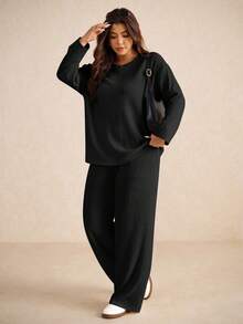 Elaquor Plus Size Casual Solid Color Long Sleeve Top And Pants 2 Pieces Set, Autumn - Black - View 4