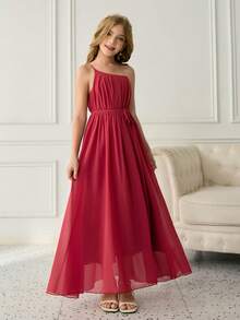 Tween Girls Elegant Burgundy Summer Wedding Formal Flower Girl Dress,Chiffon Spaghetti Strap Sleeveless Puffy Princess Ball Gown For Graduation - Red - View 4