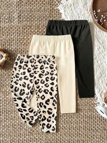 SHEIN Bộ 3 món quần legging thời trang họa tiết da báo cho bé gái, chất liệu vải dệt kim màu trơn thoải mái, thích hợp cho mùa xuân và mùa thu, mặc hàng ngày và hoạt động ngoài trời. - Màu Khaki - Xem 7