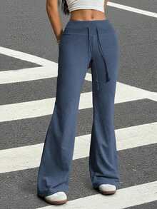 Muchica Drawstring Waist Flare Leg Sweatpants - Dusty Blue - View 5