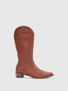 Aloruh 女士时尚靴子、西部靴、中筒V形棕色铆钉装饰靴、方头低跟靴、高筒马靴、女士牛仔靴 - 棕色 - 查看 2