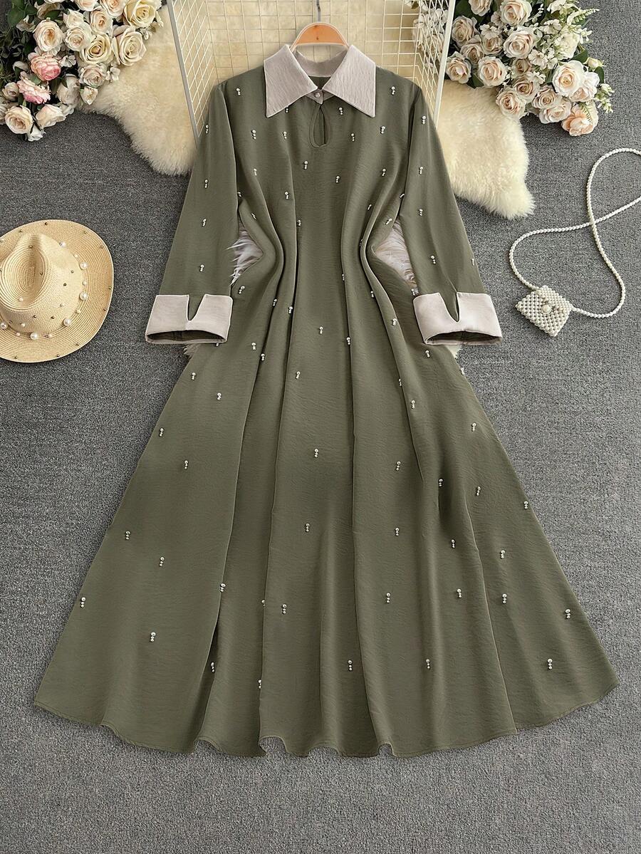 Al Najma 女式宽松优雅镂空长袖超长连衣裙 - 綠色 - 查看 1