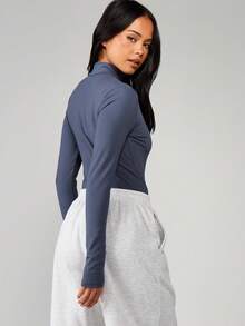 MISSGUIDED Funnel Neck Long Sleeve Bodysuit Classic Fitted Turtleneck Top Form Fitting One Piece Essential Layering Basic Wardrobe Staple - Navy Blue - View 2