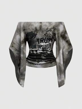 Grunge Punk Y2K Wild Babe Vintage Sexy Off Shoulder Tie-Dye Eye Print Women T-Shirt