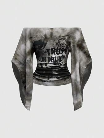 Grunge Punk Y2K Wild Babe Vintage Sexy Off Shoulder Tie-Dye Eye Print Women T-Shirt