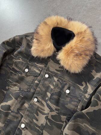 Veste en jean décontractée à col de fourrure, à motif camouflage, à manches longues et à simple boutonnage pour hommes