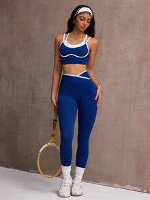 Dewbera Women 2-In-1 Cropped Tank Top And Leggings Sports Set - Navy Blue - View 7