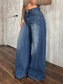 SHEIN PETITE 女式高腰口袋阔腿宽松休闲百搭牛仔裤 - 藍色 - 查看 1