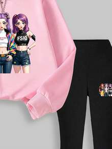 SHEIN 少女两件套 KPOP 偶像爱心印花粉色圆领卫衣搭配黑色喇叭裤，休闲时尚保暖卫衣，适合冬季日常穿着和户外玩耍 - 彩色 - 查看 4