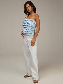 Athîral 女士休闲浅蓝色时尚多层荷叶边无肩带上衣，蓝色无肩带上衣，梭织面料，修身剪裁，夏季上衣，适合海滩、休闲场合，蓝色抹胸上衣，荷叶边上衣，浅蓝色女士上衣，荷叶边抹胸上衣，无肩带荷叶边上衣，春夏 - 藍色 - 查看 5