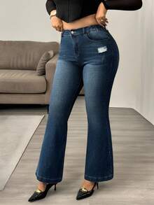 Hourglow Plus Size Women Casual Commuter Street Distressed Flare Jeans/Autumn /Winter - Blue - View 12