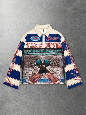 Street Life Camiseta polo de manga larga con estampado de rayas, estilo universitario casual para hombres