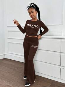 SHEIN Tween Girl Casual Brown Round Neck Letter Print Ruched Long Sleeve Fitted Knit Top And Flare Pants Set, Suitable For Home And Outings, Flare Pants Set, Mommy And Me Matching Outfits, Casual Two Piece Set, 2 Piece Pants Set - Brown - View 3