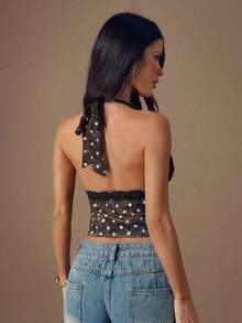 SHEIN BAE Blusa feminina de alças finas com estampa de bolinhas e renda, modelo decote nas costas, ideal para primavera/verão. Perfeita para o verão, férias de primavera, passeios e para sair. Estilo anos 2000. - Preto - Ver 2