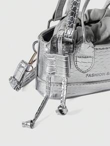 ROMWE Grunge Punk Lightweight,Business Casual Mini Metallic Crocodile Embossed Drawstring Design Novelty Bag For Teen Girls Women College Students,Rookies & White-Collar Workers Perfect For Office,College,Work,Business,Commute,Outdoors,Travel,Outings, Funky, Punk & Bag For Street Wear - Silver - View 3