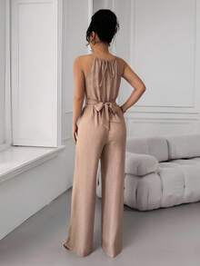 Mono Elegantes De Mujer Casual De Tela Arrugada Don Diseño De Cuello Halter,Cintura Con Cuentas,Botones Y Lazo, Para Primavera/Verano - Caqui - Ver 2