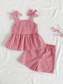 SHEIN Vintaside Kids 2件套女婴幼儿/新生儿0-3岁春夏休闲日常可爱度假条纹蝴蝶结装饰吊带背心+短裤套装 - 紅色 - 查看 2
