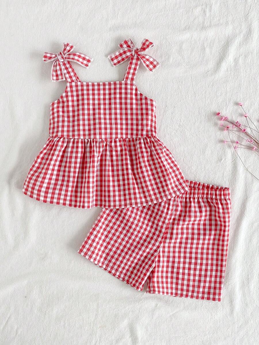 SHEIN Vintaside Kids 2件套女婴幼儿/新生儿0-3岁春夏休闲日常可爱度假条纹蝴蝶结装饰吊带背心+短裤套装