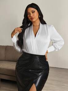 Hourglow Plus Size Elegant Solid Color Lantern Sleeve Bodysuit/Autumn /Winter - White - View 5