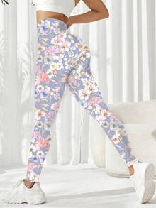 SHEIN Sovereign Charm 女士高腰印花紧身裤，适合日常健身和运动 - 淡紫色 - 查看 2