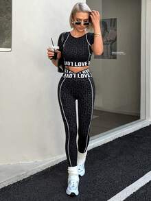 Slayform YA320 Women Leopard Print Letter Graphic Sports Bra & Leggings Set - Black - View 2