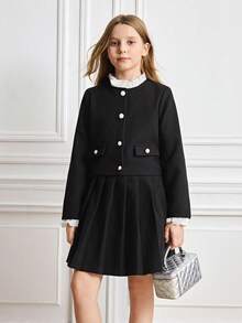 Tween Girls' Color Block Stand Collar Raglan Sleeve Pleated Fashion Jacket Set