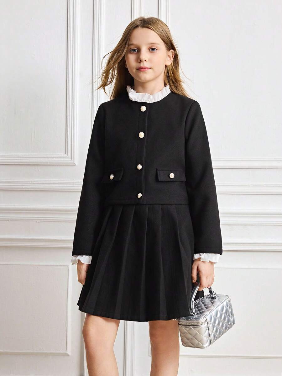 Tween Girls' Color Block Stand Collar Raglan Sleeve Pleated Fashion Jacket Set