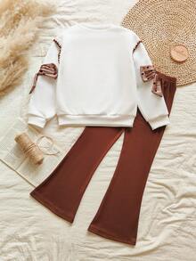 Vintaside Kids Girls' Elegant White Round Neck Long Sleeve Pullover With Embroidered Letter & Bow Tie, Fitted Style With Beige Pants, Suitable For Outings, Casual, School, Party - Multicolor - View 2