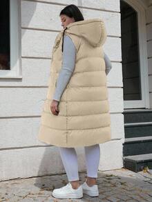 EURMUSE Plus Size Zip Up Drawstring Hooded Puffer Vest Coat - Cream - View 2